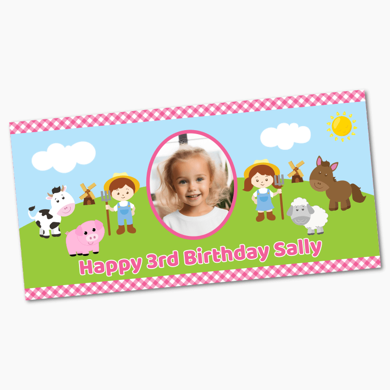 Custom Pink Barnyard Farm Animals Party Banners with Photo