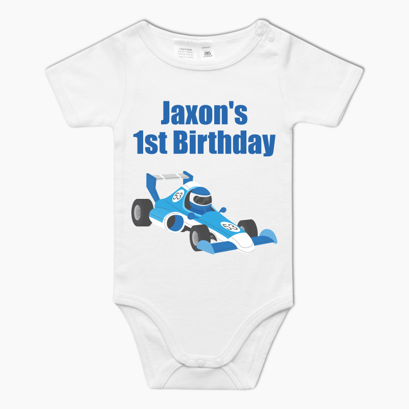 Personalised Race Car Party Baby One-Piece Romper