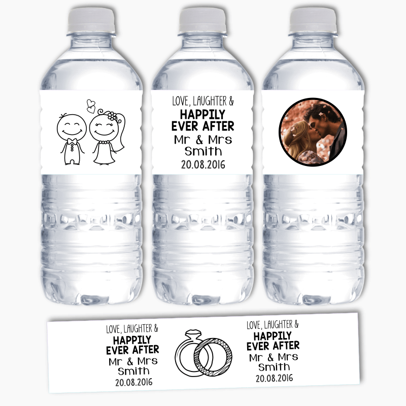 Personalised Happily Ever After Wedding Water Labels - White