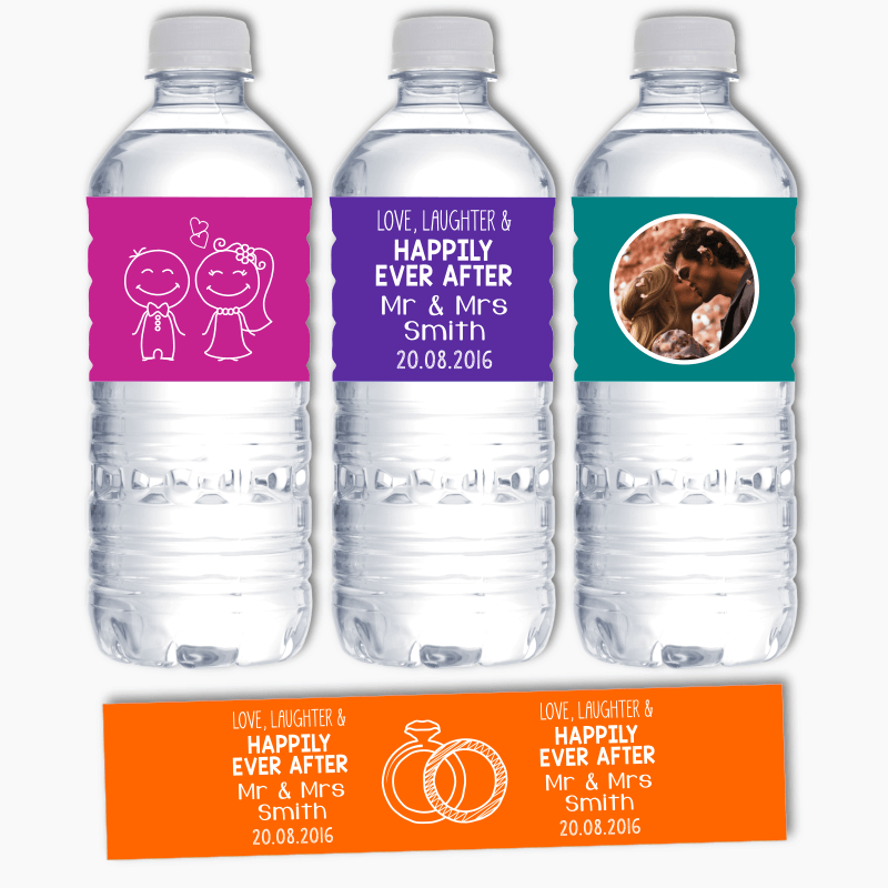 Personalised Happily Ever After Wedding Water Labels - Colour