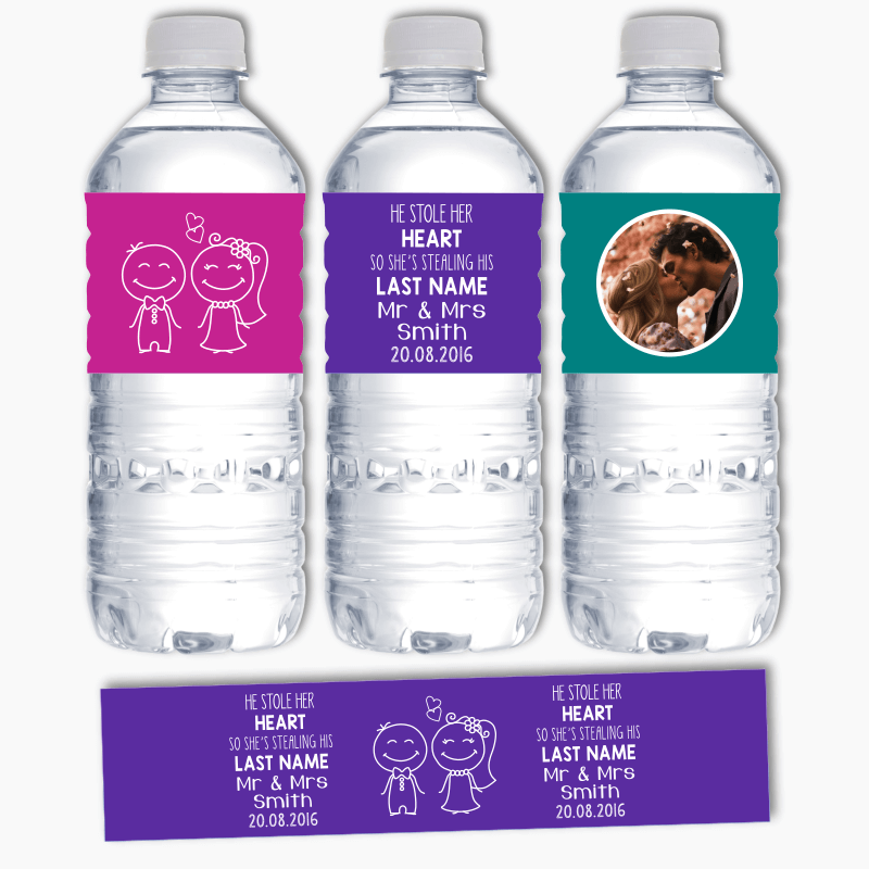 Personalised He Stole Her Heart Wedding Water Labels - Colour