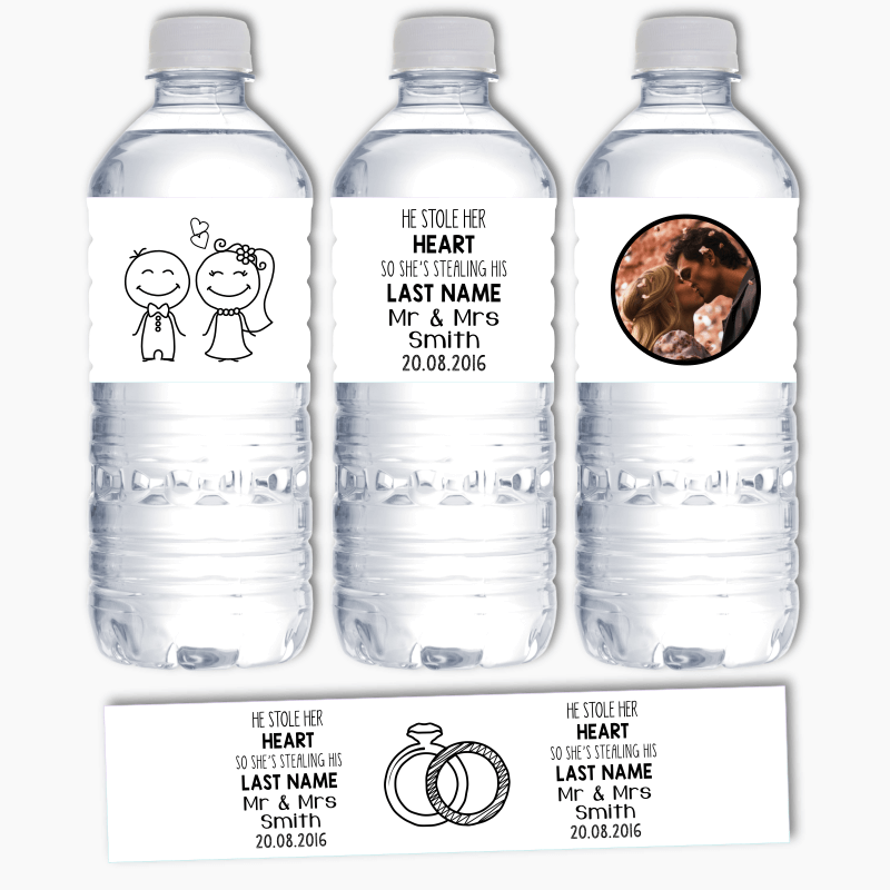 Personalised He Stole Her Heart Wedding Water Labels - White