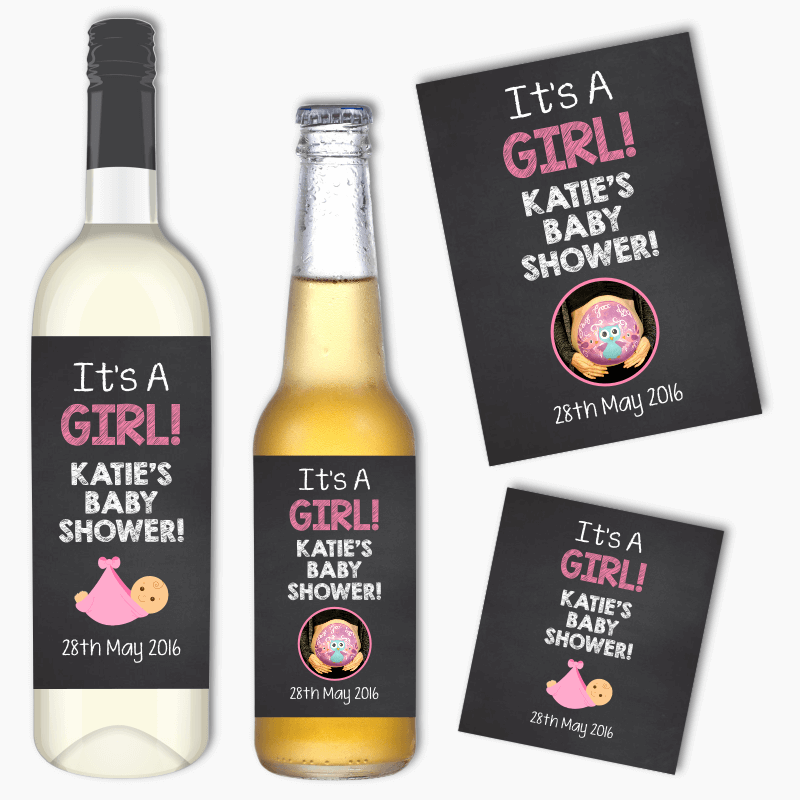 &#39;Its a Girl&#39; Baby Shower Wine &amp; Beer Labels