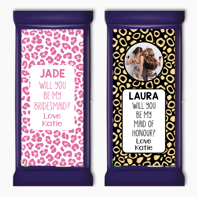 Lips &amp; Animal Print &#39;Will you be my Bridesmaid?&#39; Cadbury Chocolate Labels