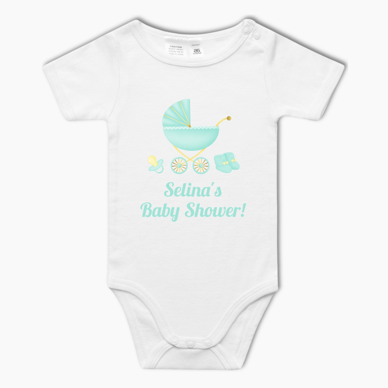 Personalised Pastel Mint &amp; Lemon Vintage Pram Baby One-Piece Romper