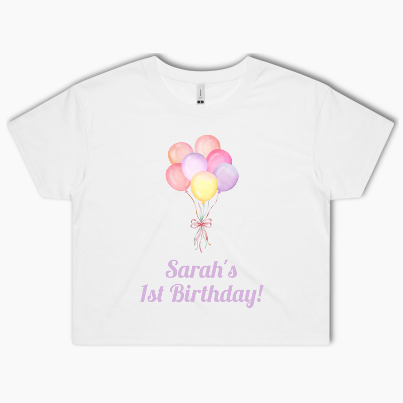 Personalised Pastel Pink Balloons Party Crop Shirt
