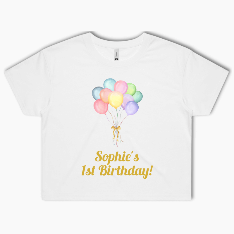 Personalised Pastel Rainbow Balloons Party Crop Shirt
