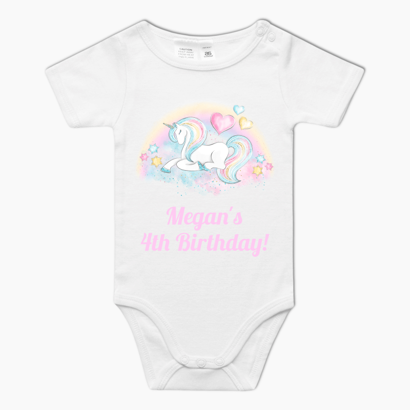 Personalised Pastel Rainbow Unicorn Party Baby One-Piece Romper