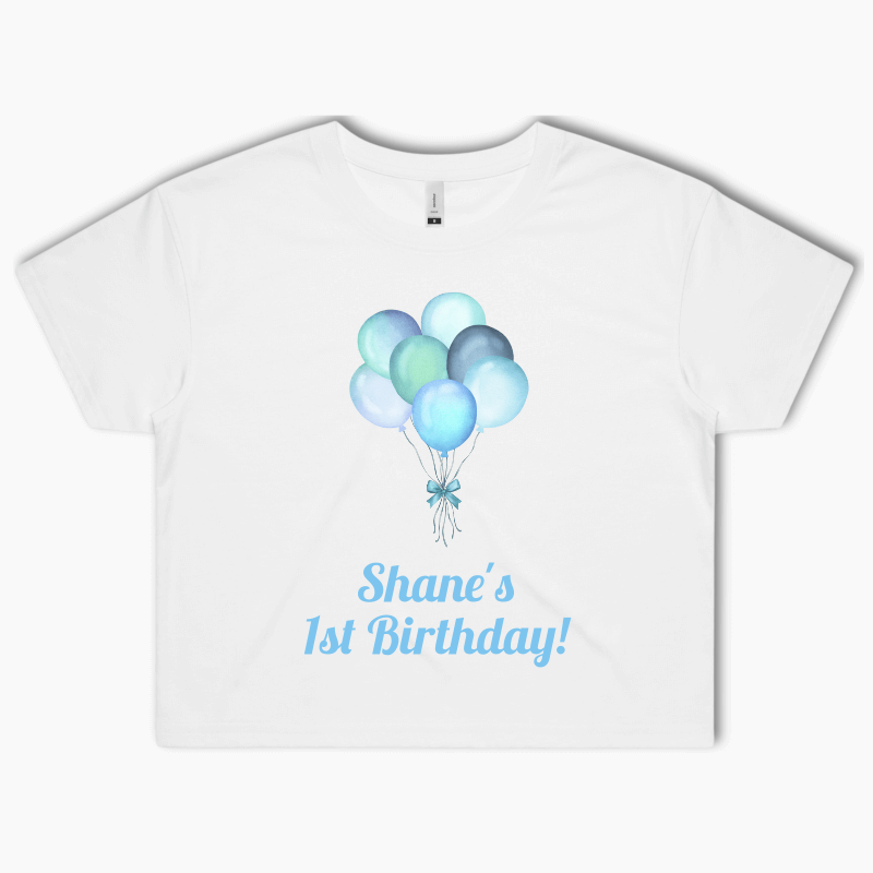 Personalised Pastel Blue Balloons Party Crop Shirt