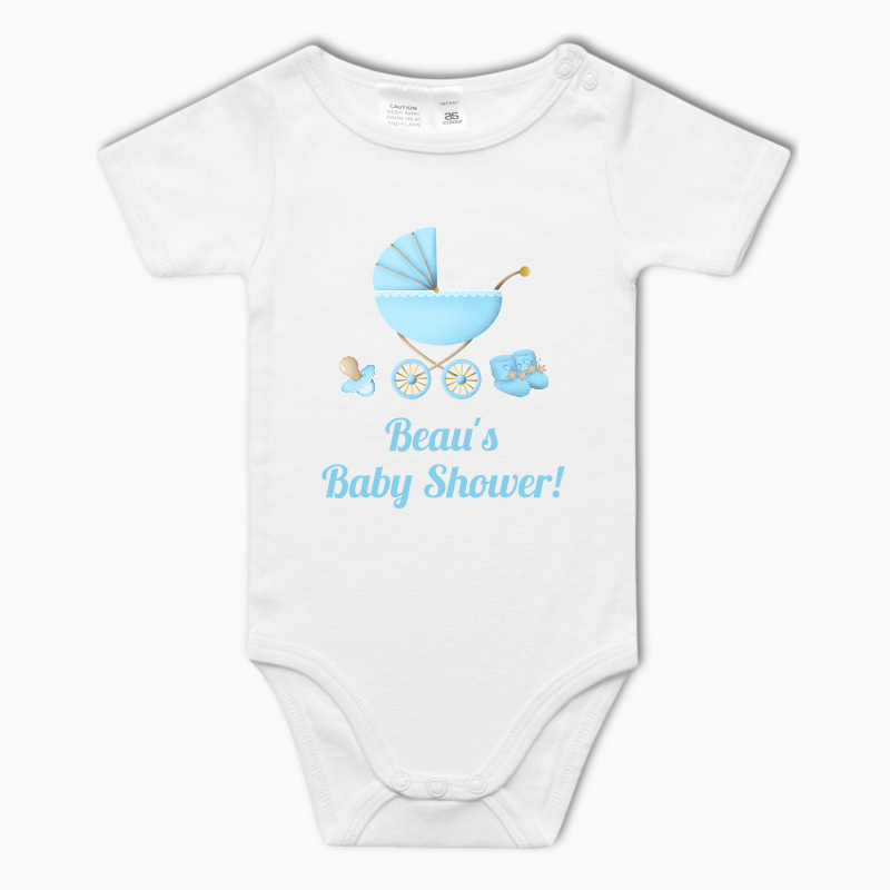 Personalised Blue Vintage Pram Baby Shower One-Piece Romper