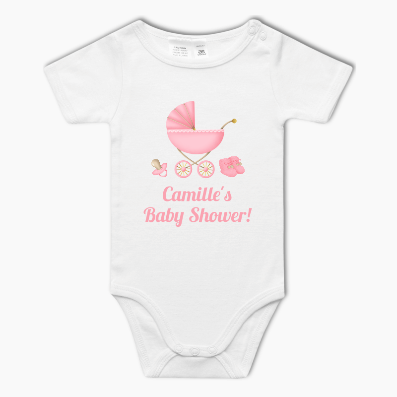 Personalised Pastel Pink Vintage Pram Baby Shower One-Piece Romper