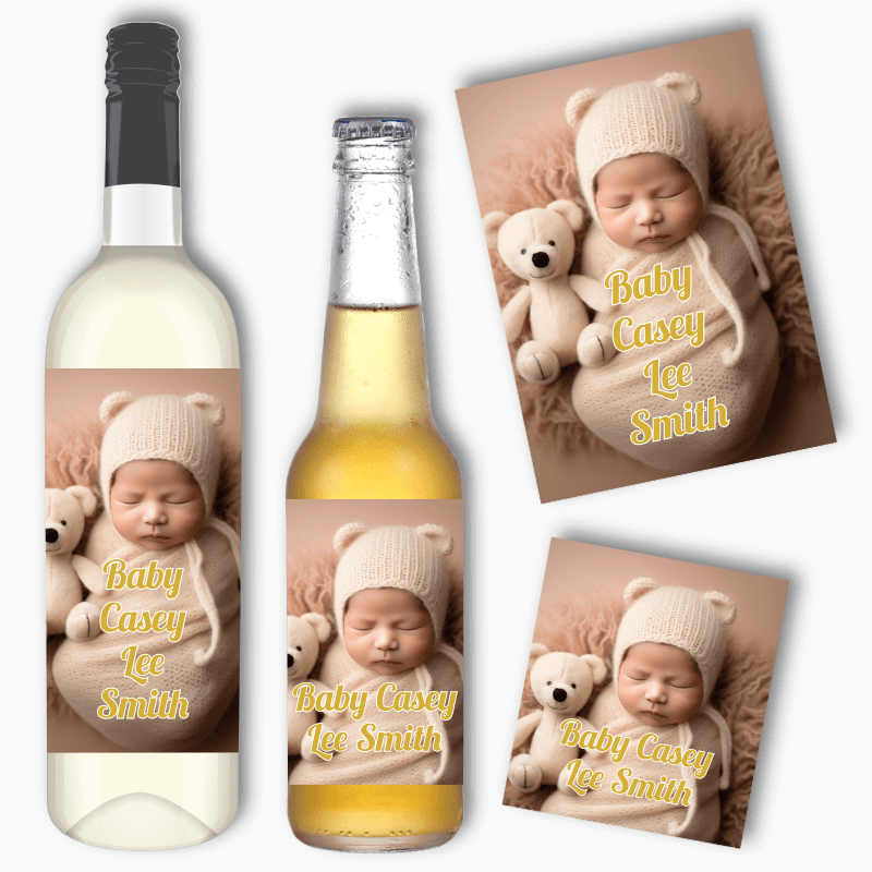 Personalised Baby Welcome Wine &amp; Beer Labels with Photo