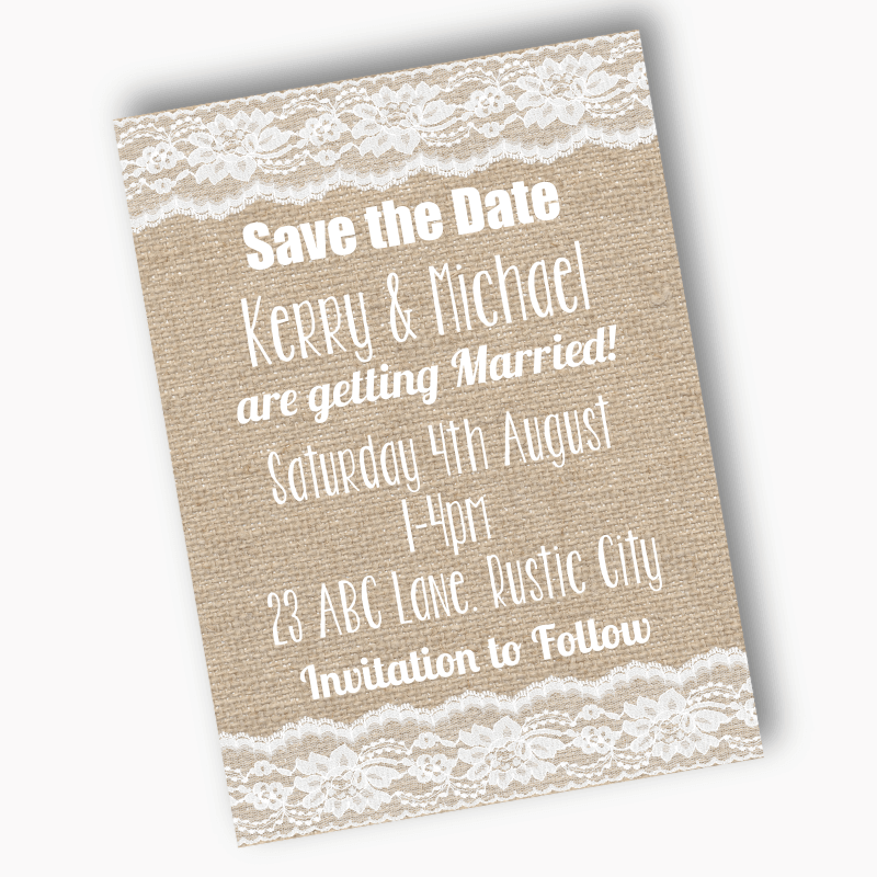 Personalised Burlap &amp; Lace Wedding Save the Date Cards