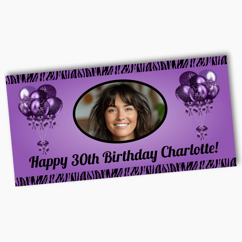 Personalised Purple &amp; Black Balloons Party Banners with Photo