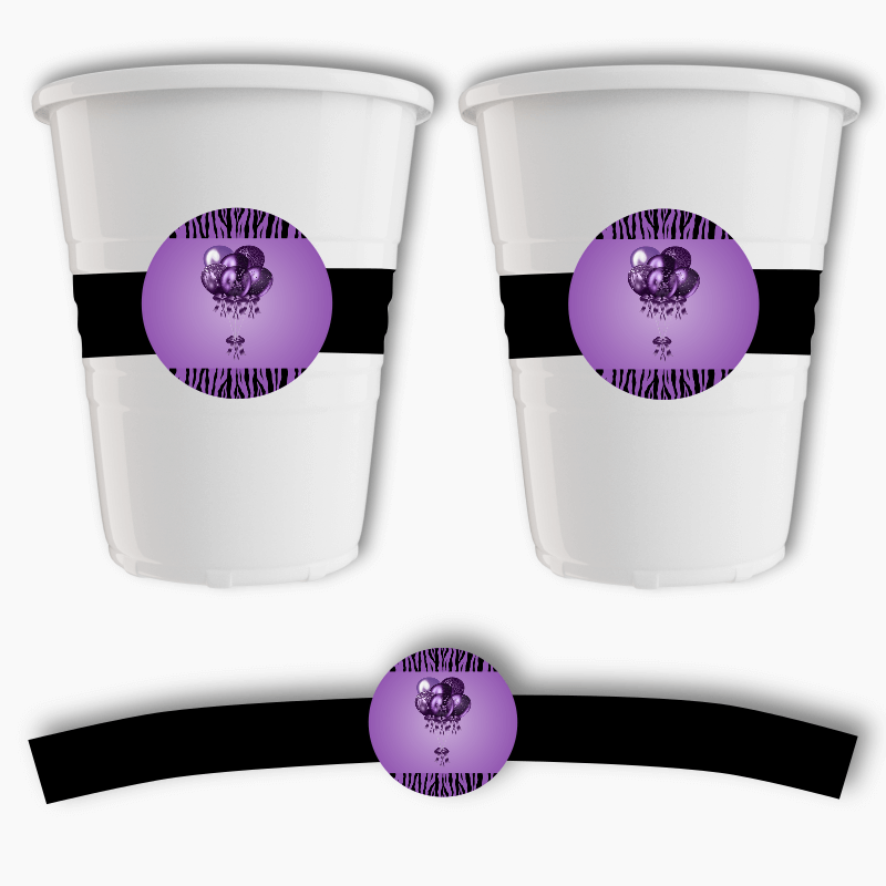 Purple &amp; Black Balloons Birthday Party Cup Stickers