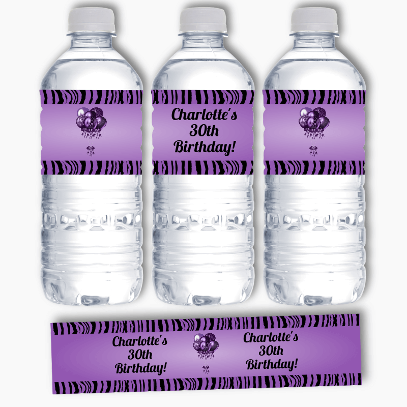 Personalised Purple &amp; Black Balloons Water Bottle Labels