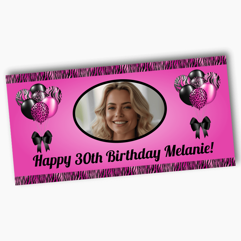 Personalised Pink &amp; Black Balloons Party Banners with Photo