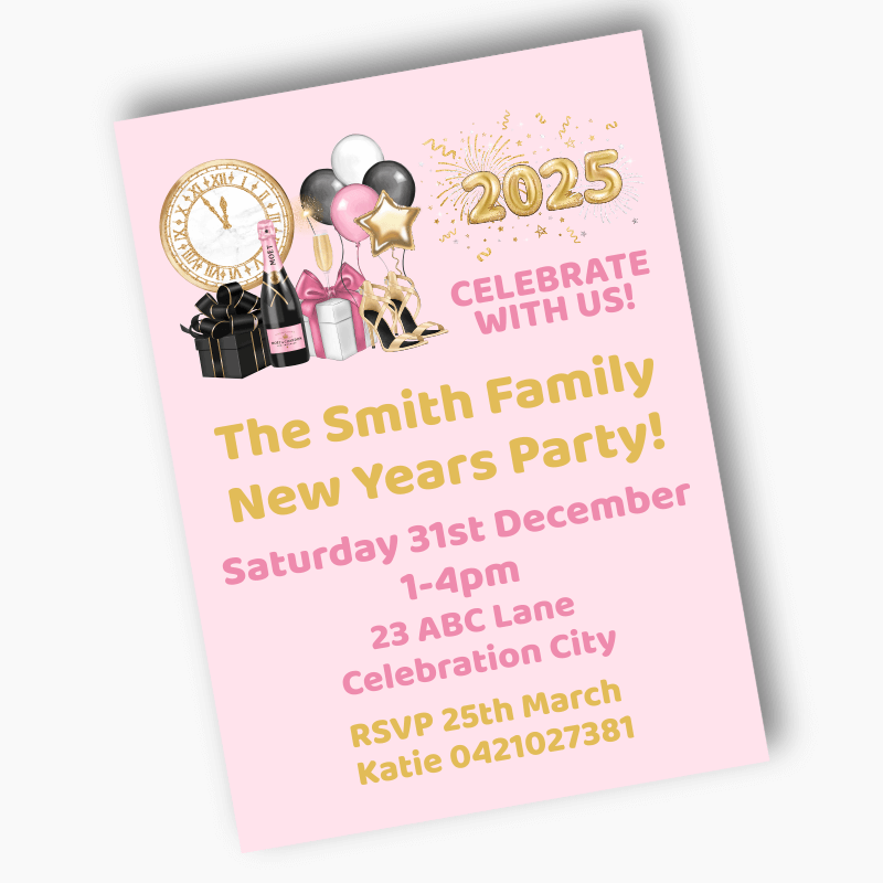 Pink, Black & Gold New Years Party Invites 2025