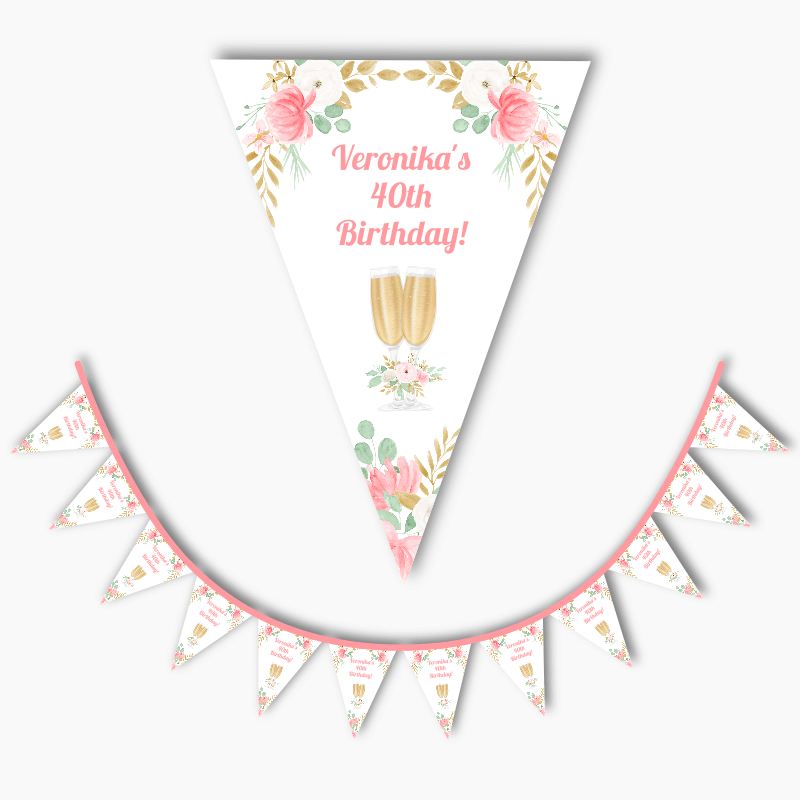 Personalised Pink &amp; Gold Floral Birthday Party Flag Bunting