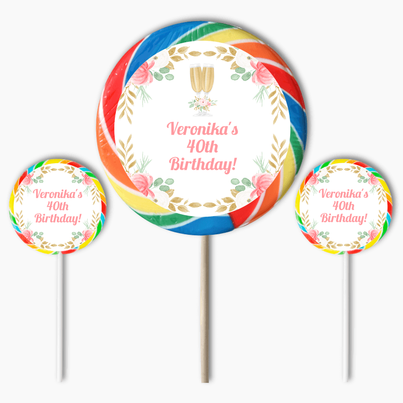 Personalised Pink &amp; Gold Floral Birthday Party Round Stickers