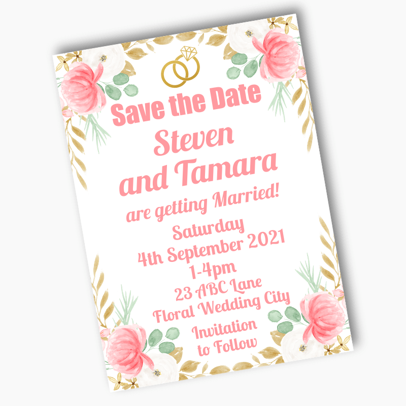 Personalised Pink &amp; Gold Floral Wedding Save the Date Cards