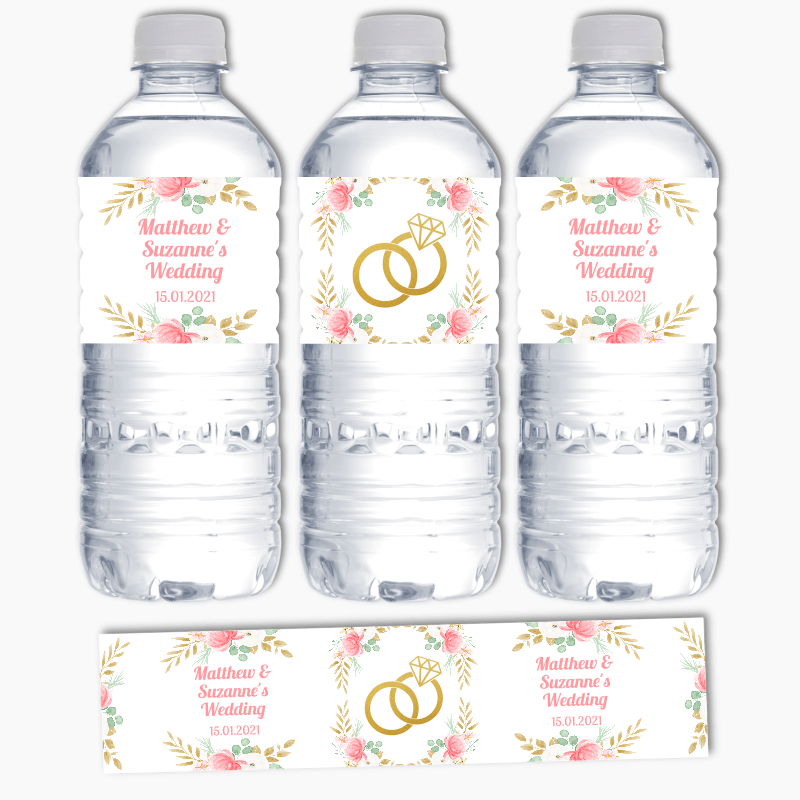 Personalised Pink &amp; Gold Floral Wedding Water Labels