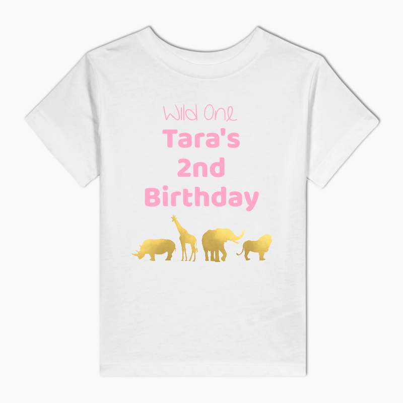 Personalised Pink &amp; Gold Safari Animals  Party Kids T-Shirt