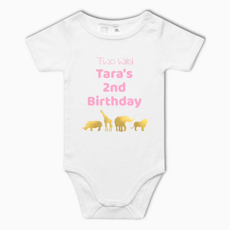 Personalised Pink & Gold Safari Animals Baby One-Piece Romper