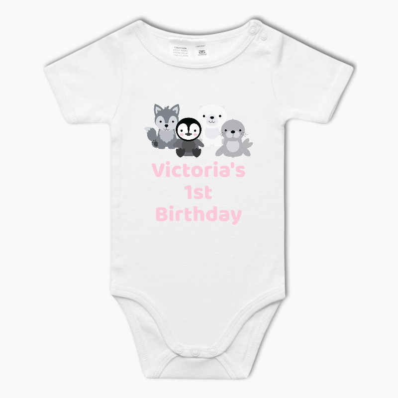 Personalised Pink Arctic Animals Baby One-Piece Romper