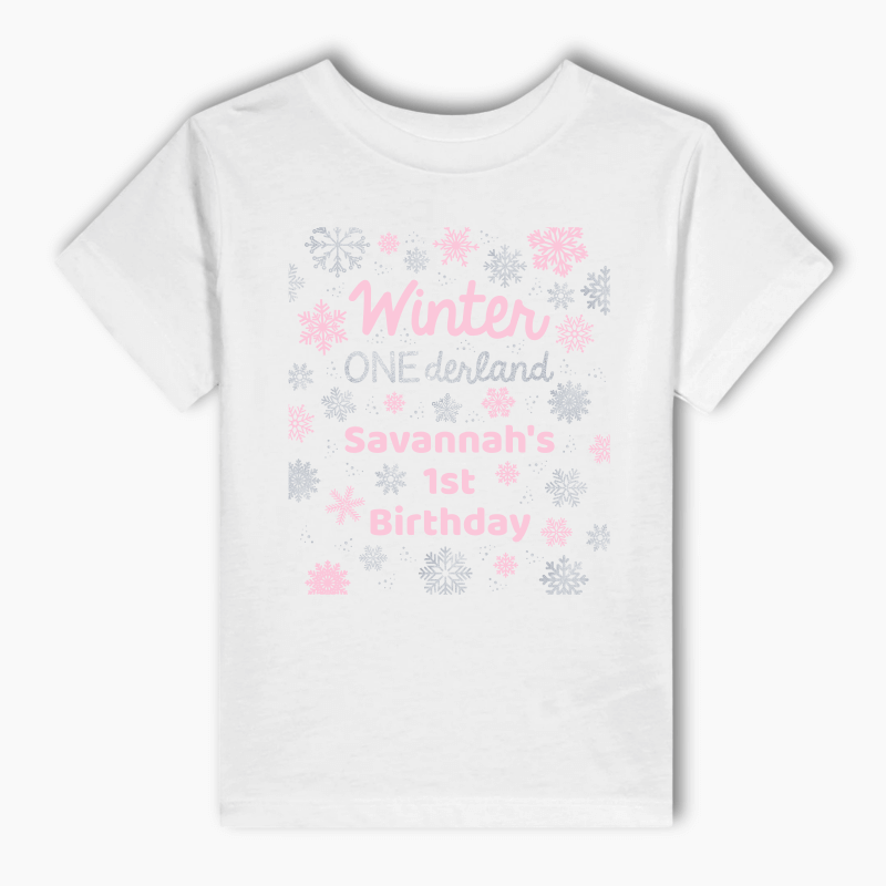 Personalised Pink Winter ONEderland Party Kids T-Shirt