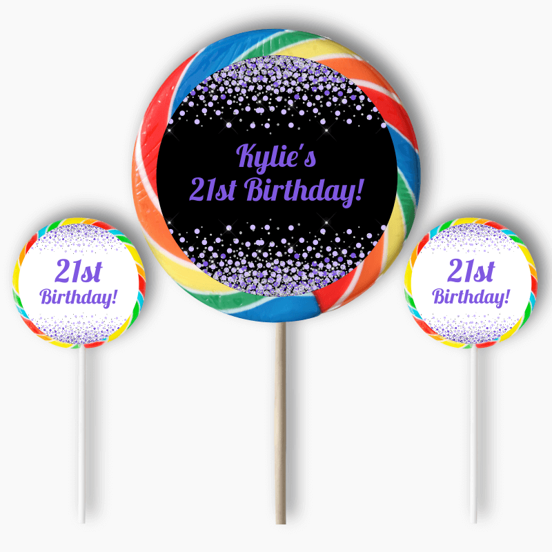Personalised Purple Confetti Party Round Stickers