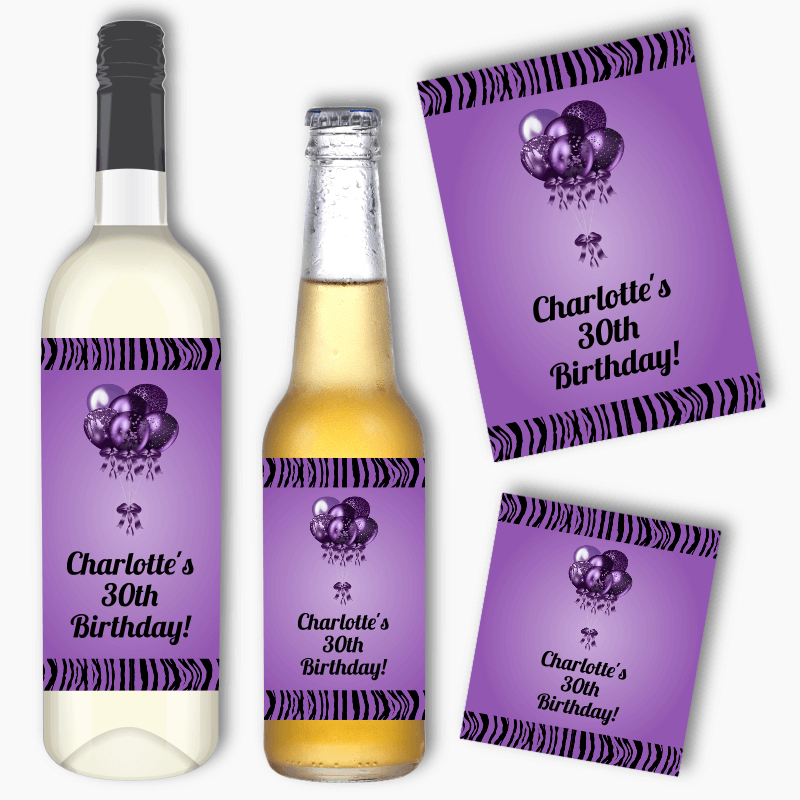 Personalised Purple &amp; Black Balloons Wine &amp; Beer Labels