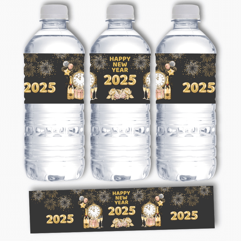 Charcoal, Gold &amp; Rose Pink New Years Party Water Labels