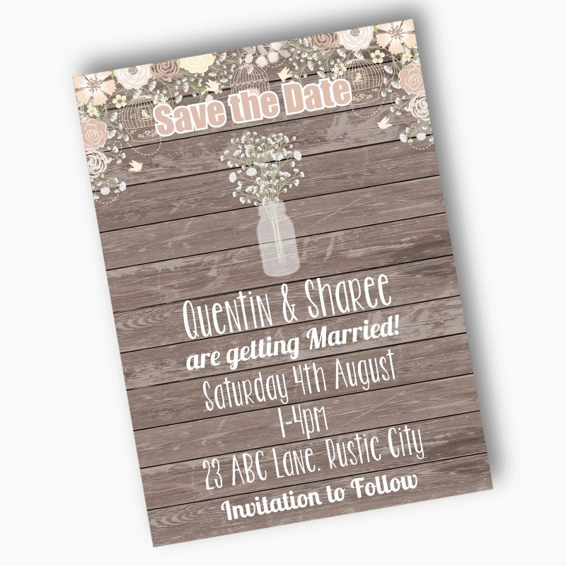 Personalised Rustic Timber &amp; Baby&#39;s Breath Wedding Save the Date Cards