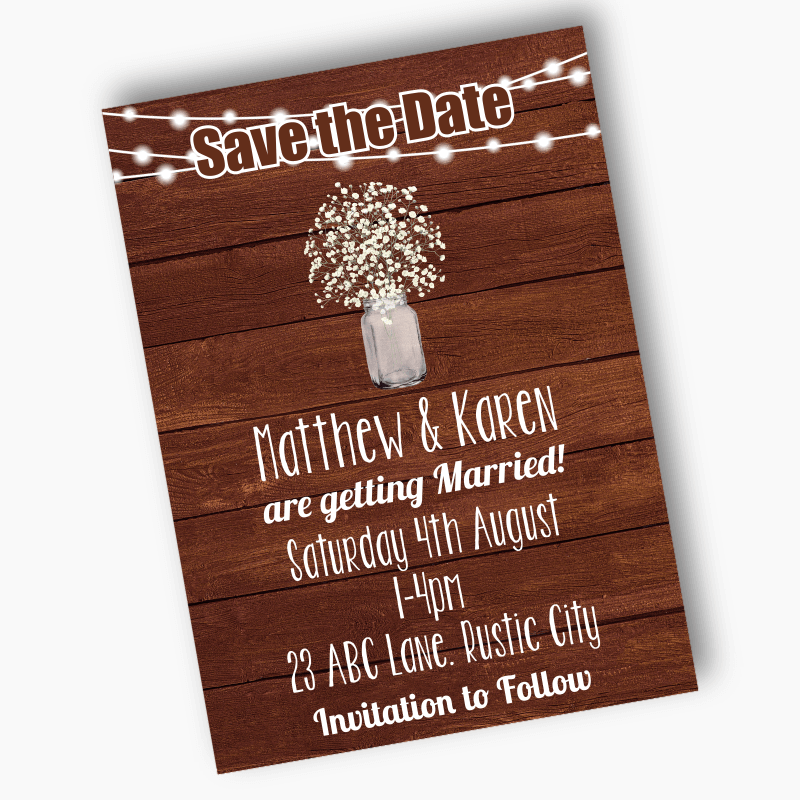 Personalised Rustic Timber &amp; Fairy Lights Wedding Save the Date Cards