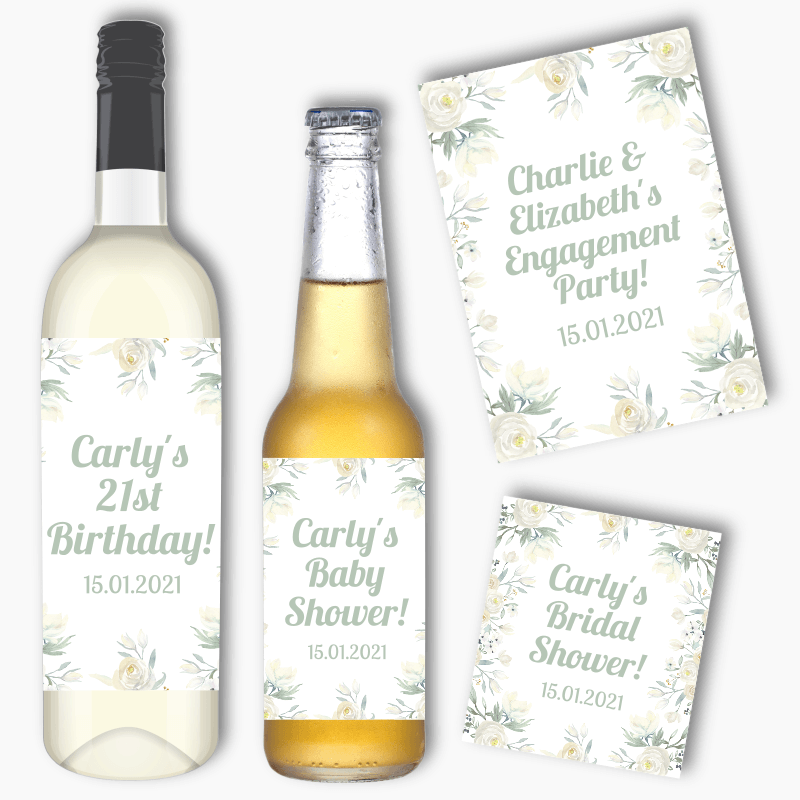 Personalised White Floral Party Wine &amp; Beer Labels