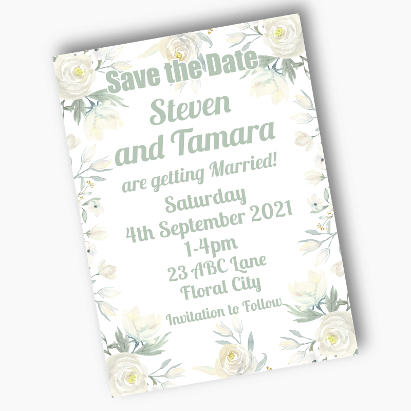 Personalised White Floral Wedding Save the Date Cards