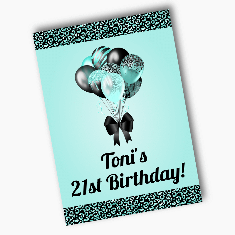 Personalised Aqua &amp; Black Balloons Birthday Party Posters