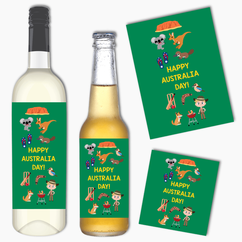 Fun Aussie Character Australia Day Wine & Beer Labels