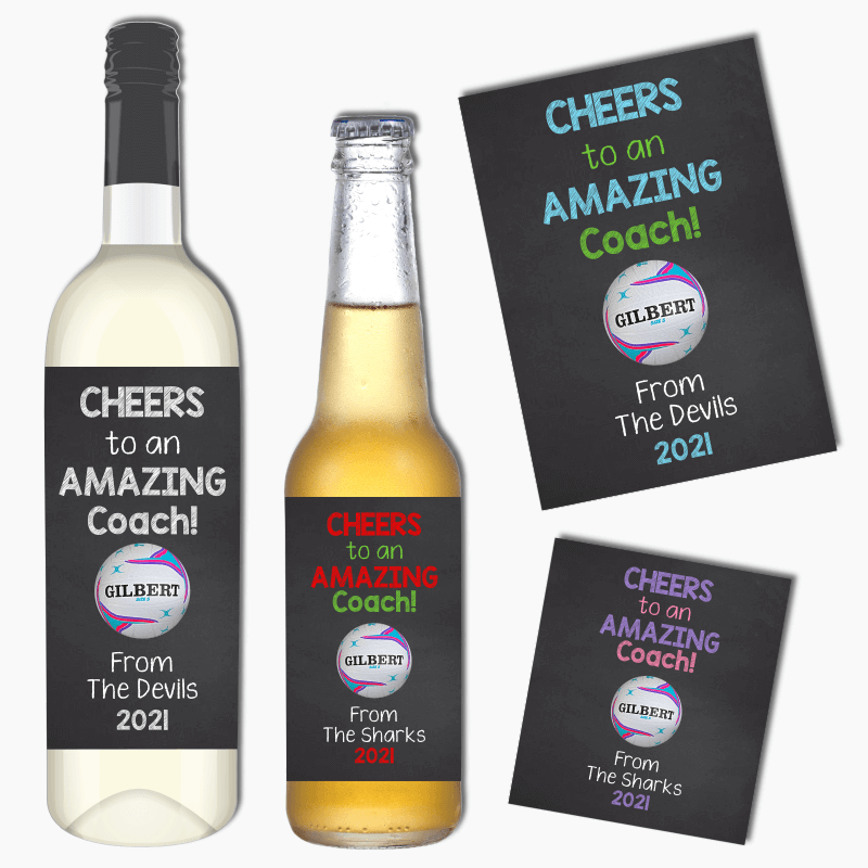 Cheers Netball Coach Gift Wine & Beer Labels