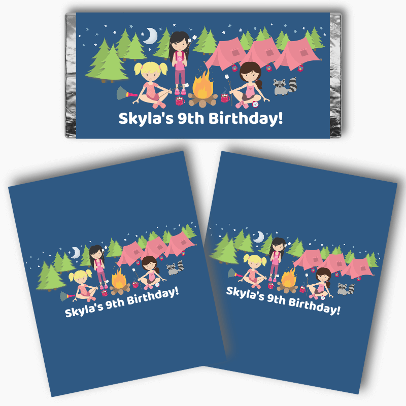 Personalised Girls Camp Out Birthday Party Mini Chocolate Labels