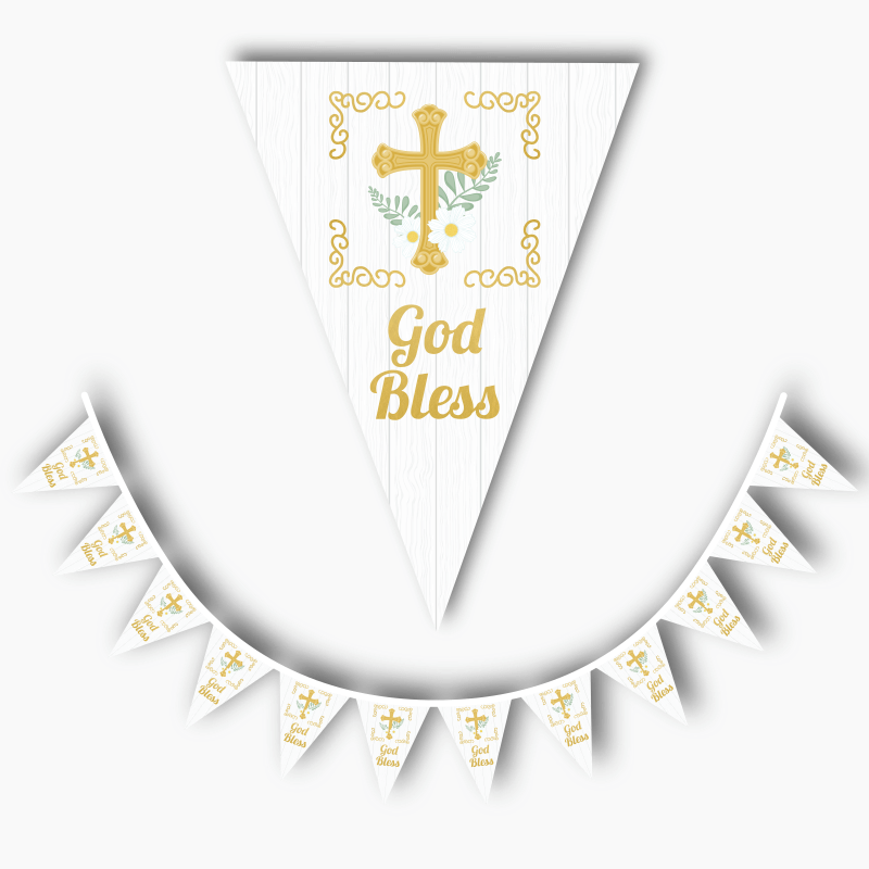 Personalised Gold Cross Christening Flag Bunting - God Bless