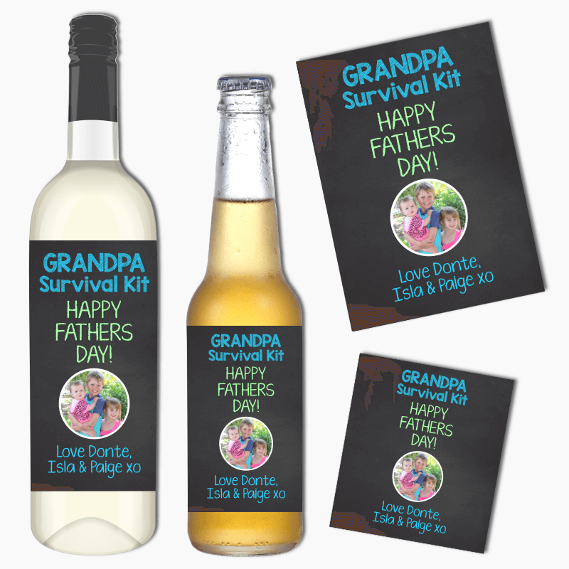 Grandpa Survival Kit Fathers Day Gift Wine & Beer Labels with Photo