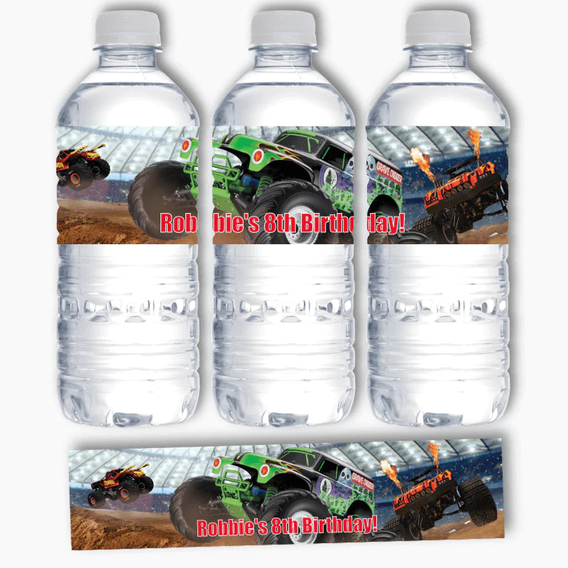 Monster Truck Personalized Boy Birthday Water Bottle Labels