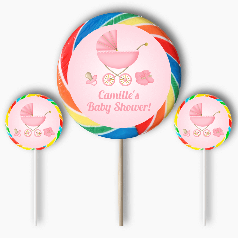 Personalised Pastel Pink Vintage Pram Baby Shower Round Stickers