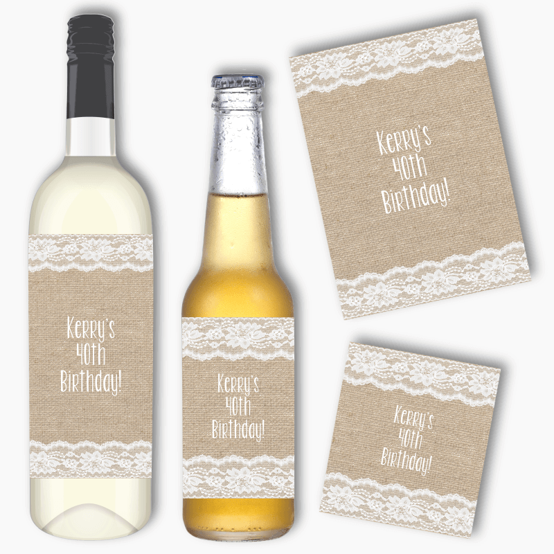 Personalised Burlap &amp; Lace Party Wine &amp; Beer Labels