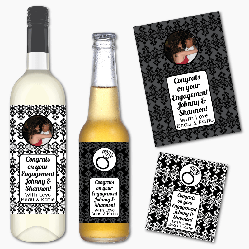 Personalised Elegant Damask Engagement Gift Wine & Beer Labels