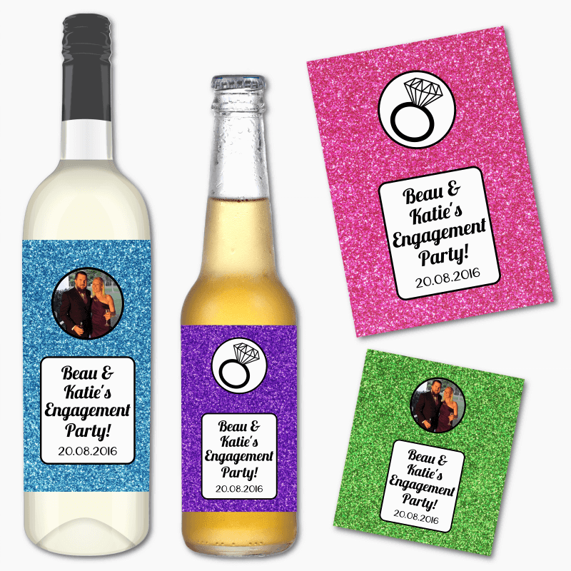 Personalised Glitter Engagement Party Wine &amp; Beer Labels