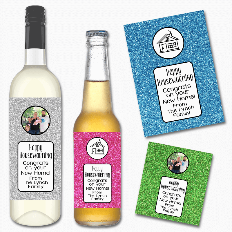 Personalised Glitter Housewarming Gift Wine &amp; Beer Labels