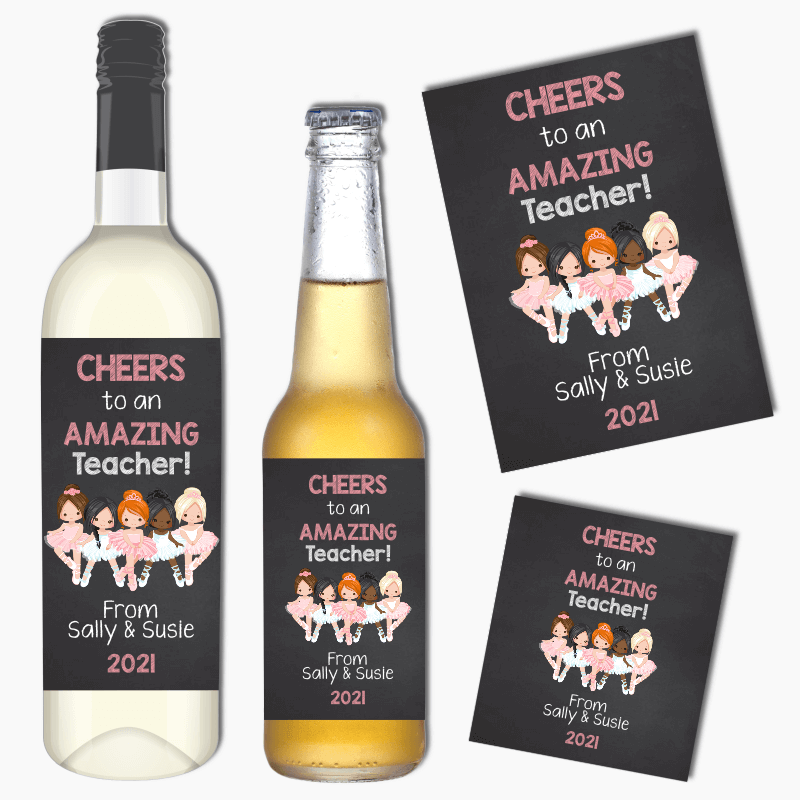 Personalised Pink Ballerina Dance Teacher Gift Wine &amp; Beer Labels